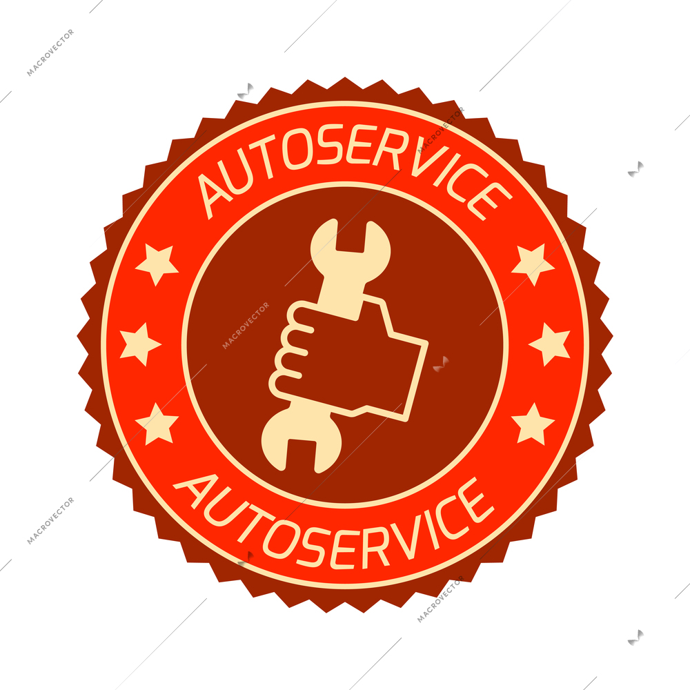 Auto service composition with isolated colorful badge for car repair maintenance with editable text vector illustration