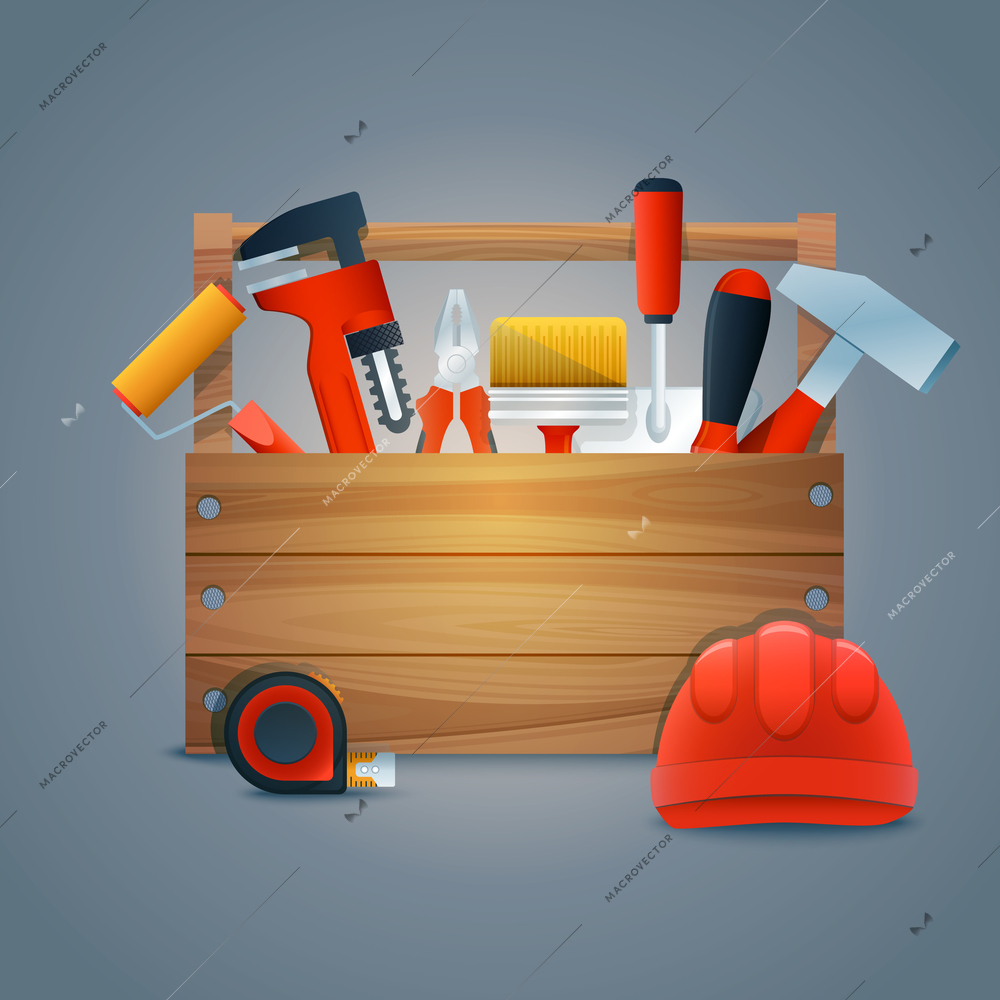 Repair and construction toolbox kit with work equipment and tools vector illustration