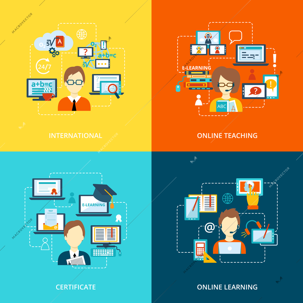 E-learning flat icons set with international online teaching certificate learning vector illustration