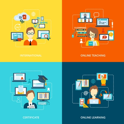 E-learning flat icons set with international online teaching certificate learning vector illustration