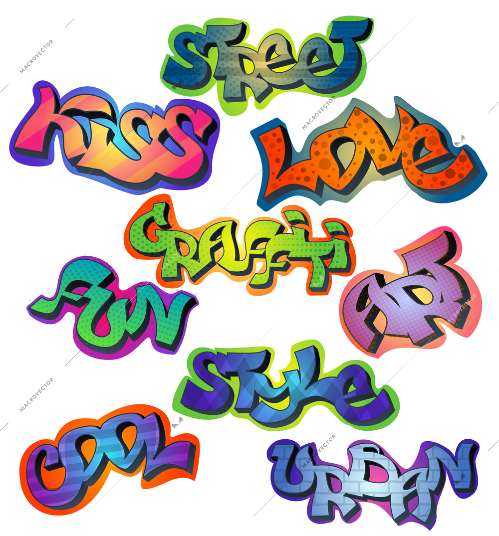 Graffiti words set with street kiss love art fun style cool urban isolated vector illustration