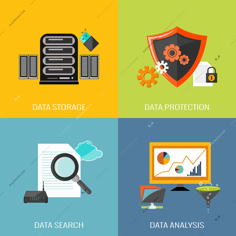 Database icons flat set with data storage protection search analysis isolated vector illustration