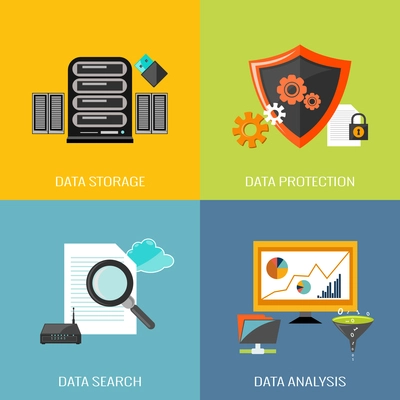 Database icons flat set with data storage protection search analysis isolated vector illustration