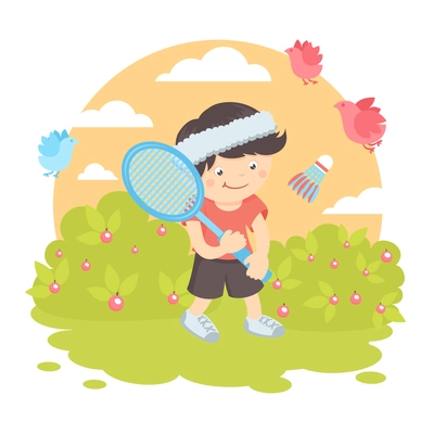 Boy kid with sport racquet playing badminton on the lawn with nature outdoors background vector illustration.