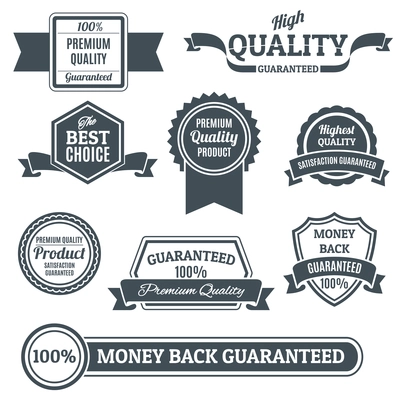 Black premium quality products best choice money back guaranteed labels set isolated vector illustration