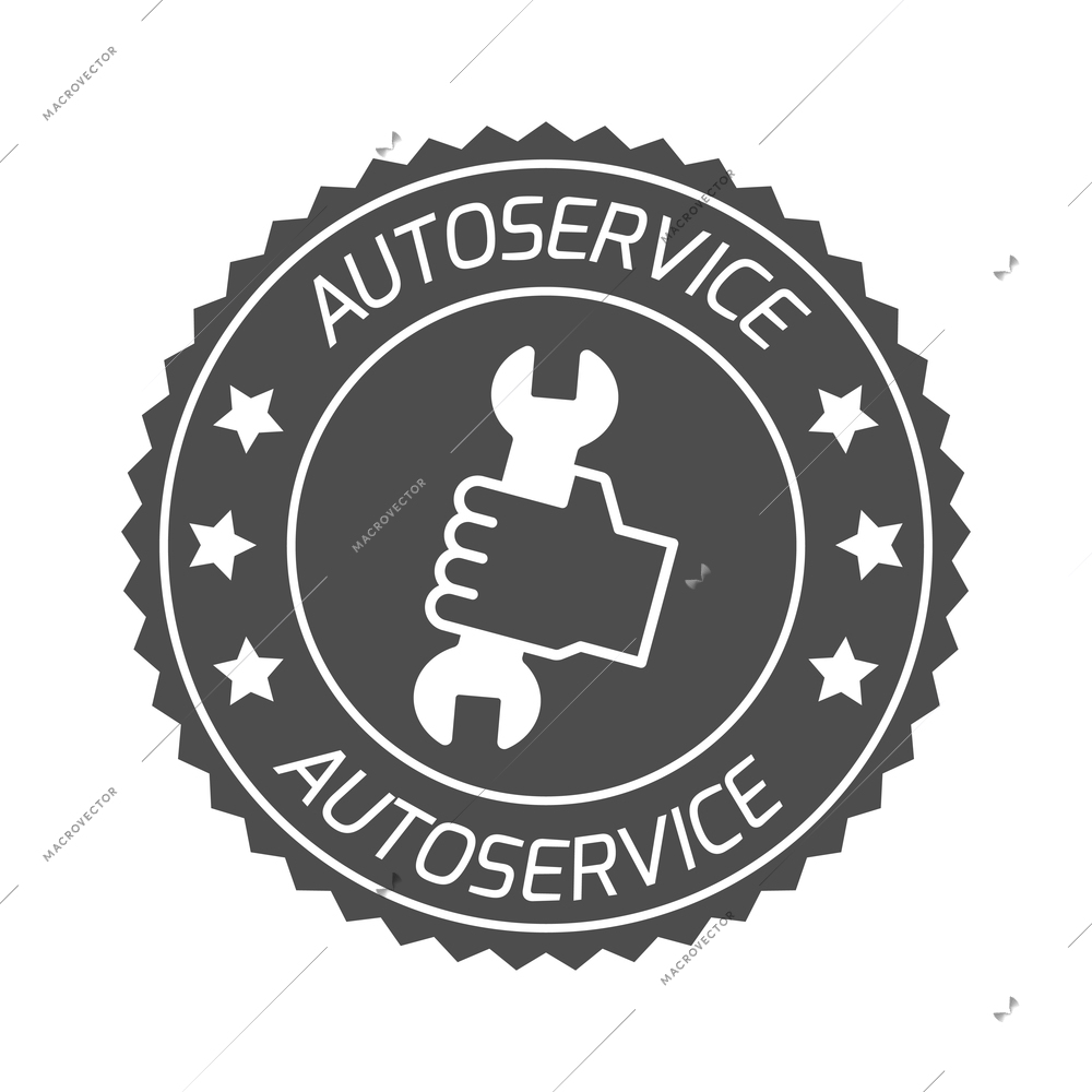 Auto service composition with isolated monochrome badge for car repair maintenance with editable text vector illustration