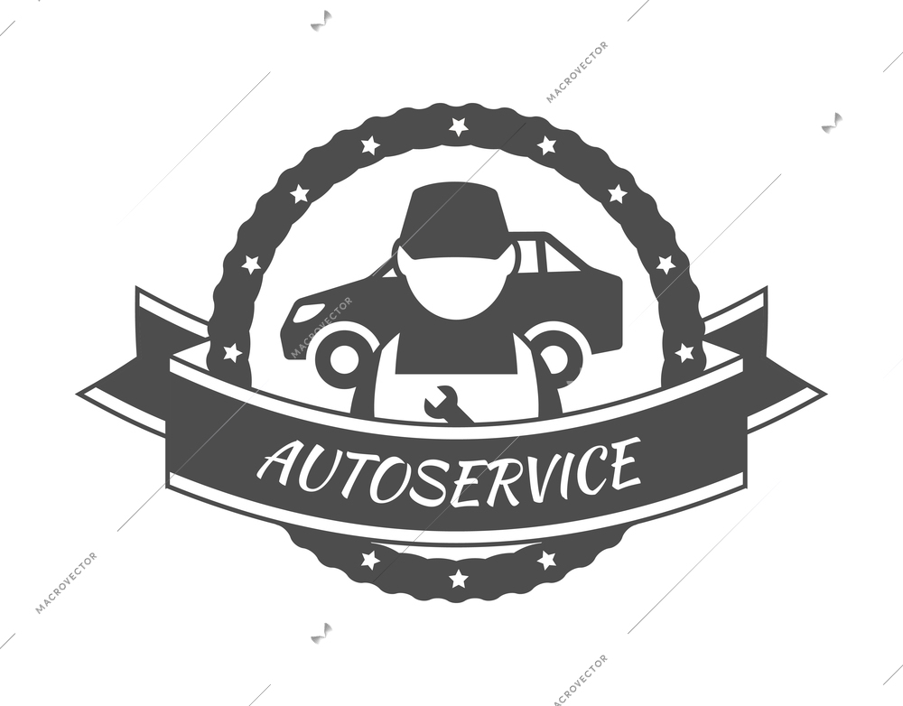 Auto service composition with isolated monochrome badge for car repair maintenance with editable text vector illustration