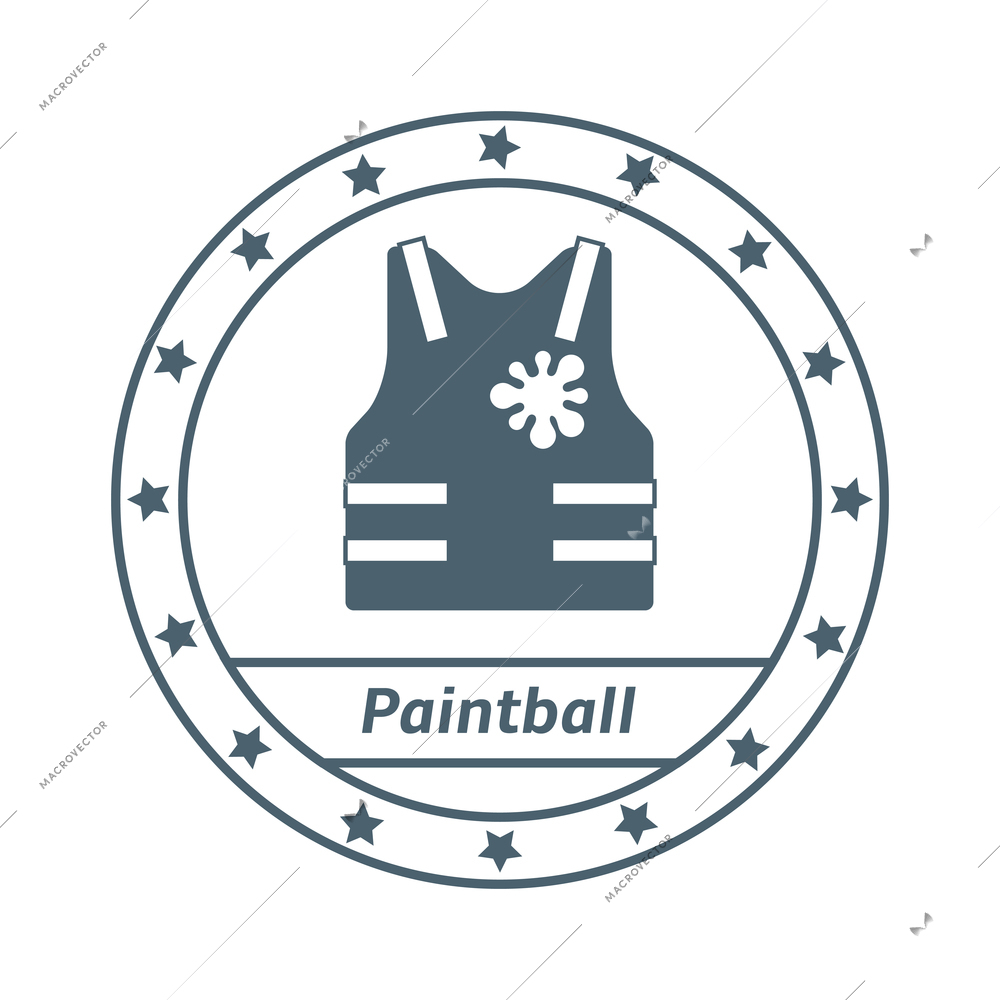 Paintball composition with isolated round emblem with editable text and icons of equipment vector illustration