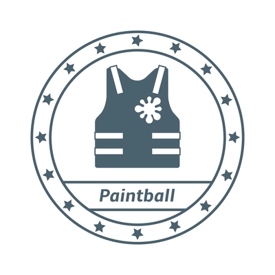 Paintball composition with isolated round emblem with editable text and icons of equipment vector illustration