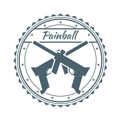 Paintball composition with isolated round emblem with editable text and icons of equipment vector illustration