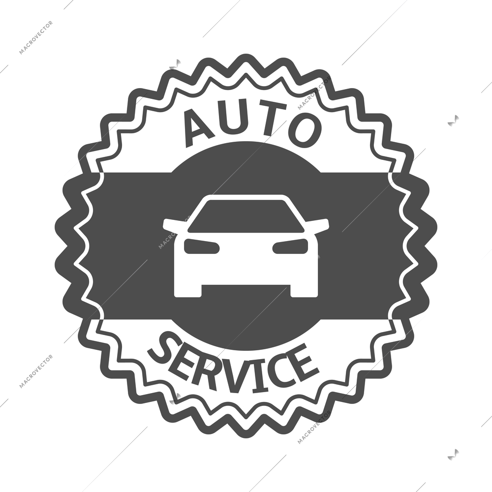 Auto service composition with isolated monochrome badge for car repair maintenance with editable text vector illustration