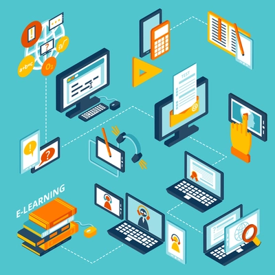 E-learning isometric icons set with computer notebook and books isolated vector illustration