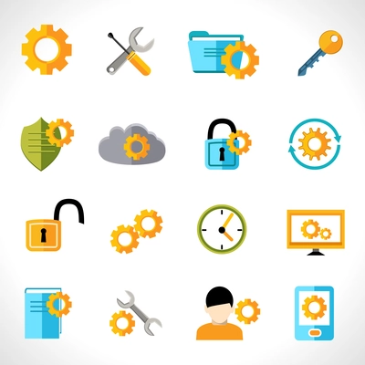 Mobile phone computer account settings flat icons set isolated vector illustration