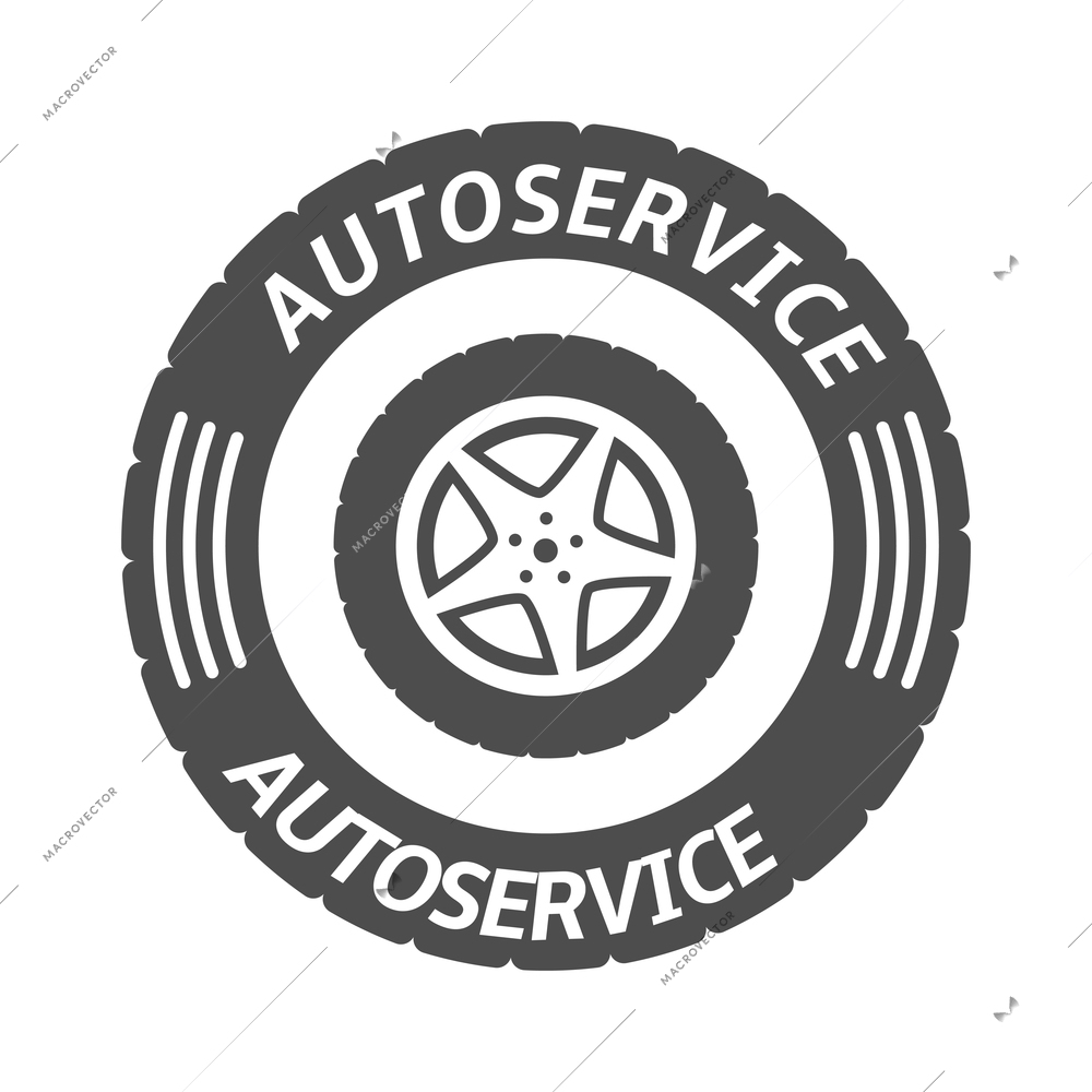 Auto service composition with isolated monochrome badge for car repair maintenance with editable text vector illustration