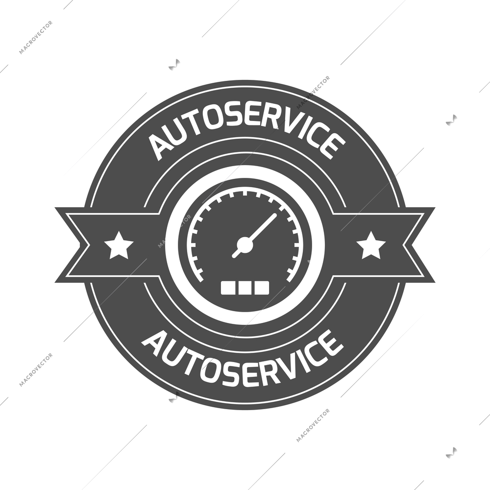 Auto service composition with isolated monochrome badge for car repair maintenance with editable text vector illustration