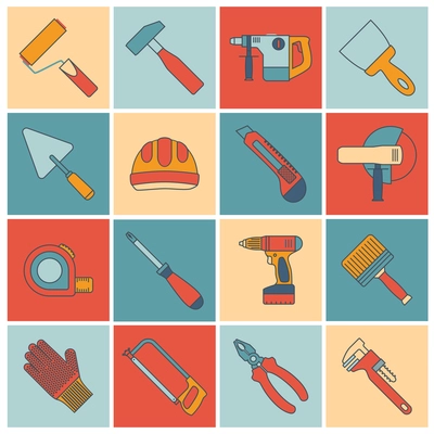 Repair and construction tools flat line icons set with paint roller hummer drill spanner isolated vector illustration