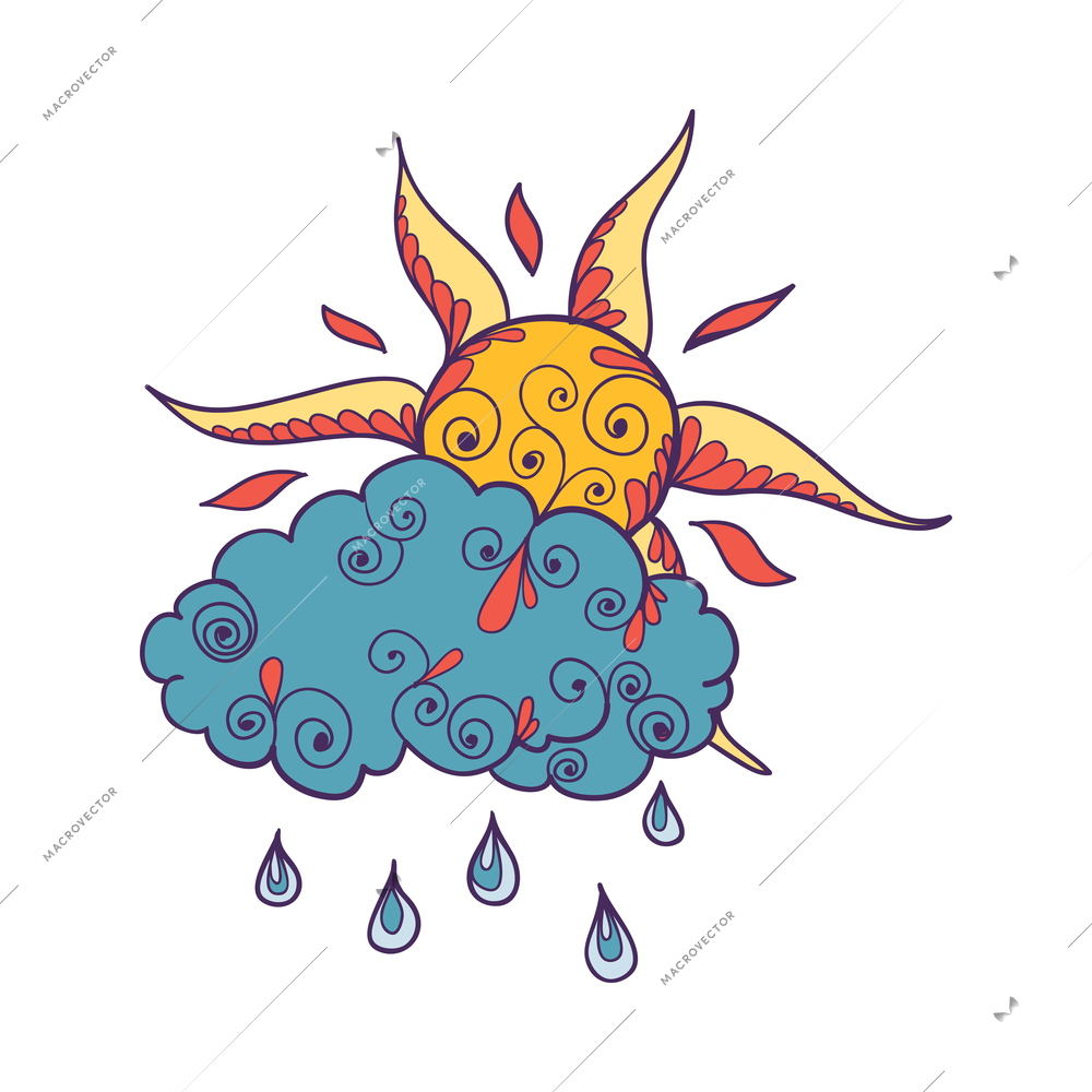 Doodle weather composition with isolated colorful forecast icon with decorative floral elements vector illustration