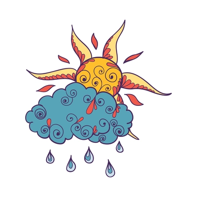 Doodle weather composition with isolated colorful forecast icon with decorative floral elements vector illustration