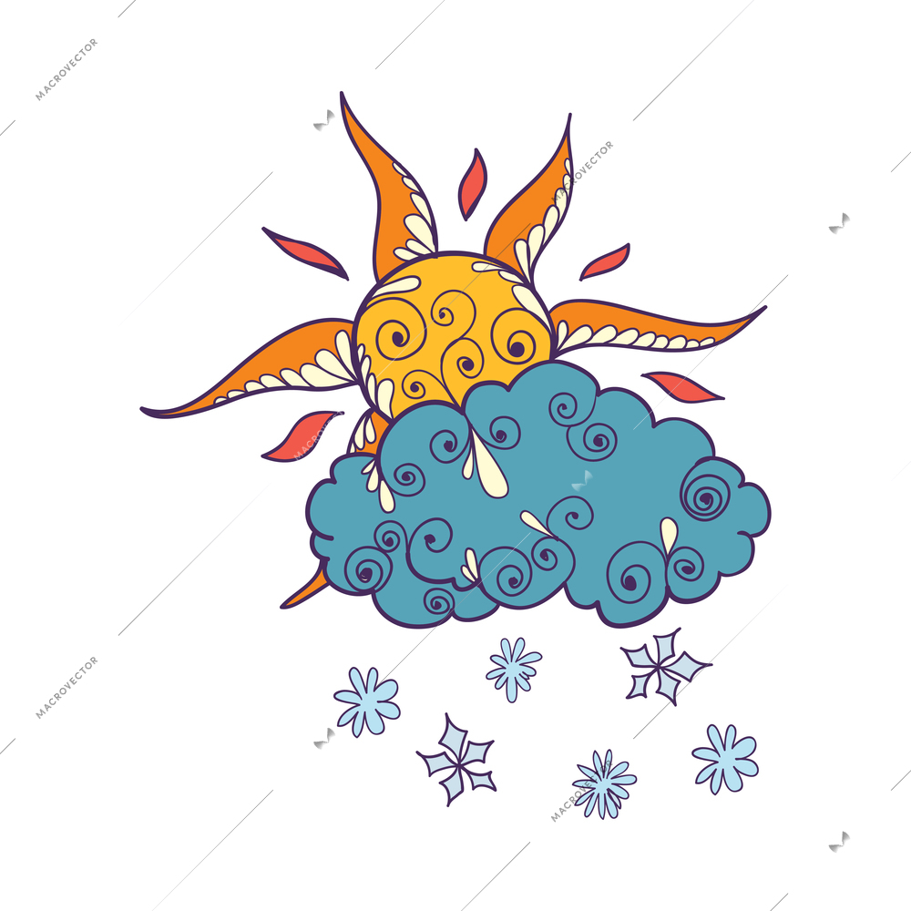 Doodle weather composition with isolated colorful forecast icon with decorative floral elements vector illustration