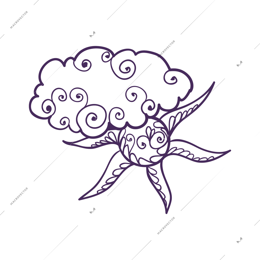 Doodle weather composition with isolated forecast outline icon with decorative floral elements vector illustration