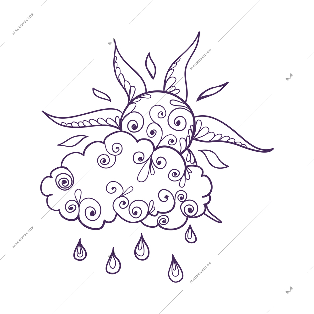 Doodle weather composition with isolated forecast outline icon with decorative floral elements vector illustration