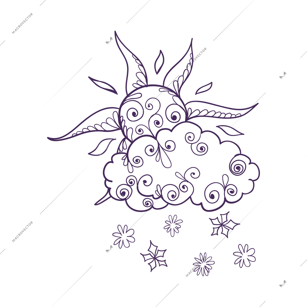 Doodle weather composition with isolated forecast outline icon with decorative floral elements vector illustration