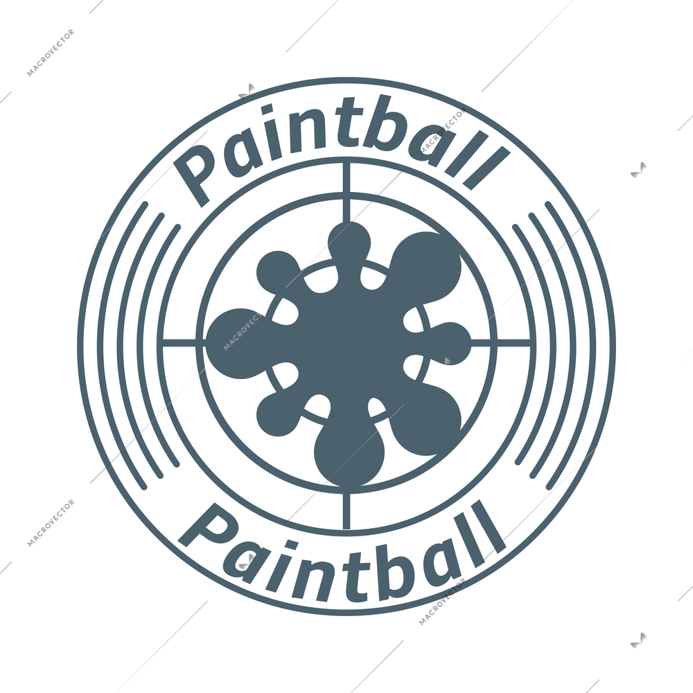 Paintball composition with isolated round emblem with editable text and icons of equipment vector illustration