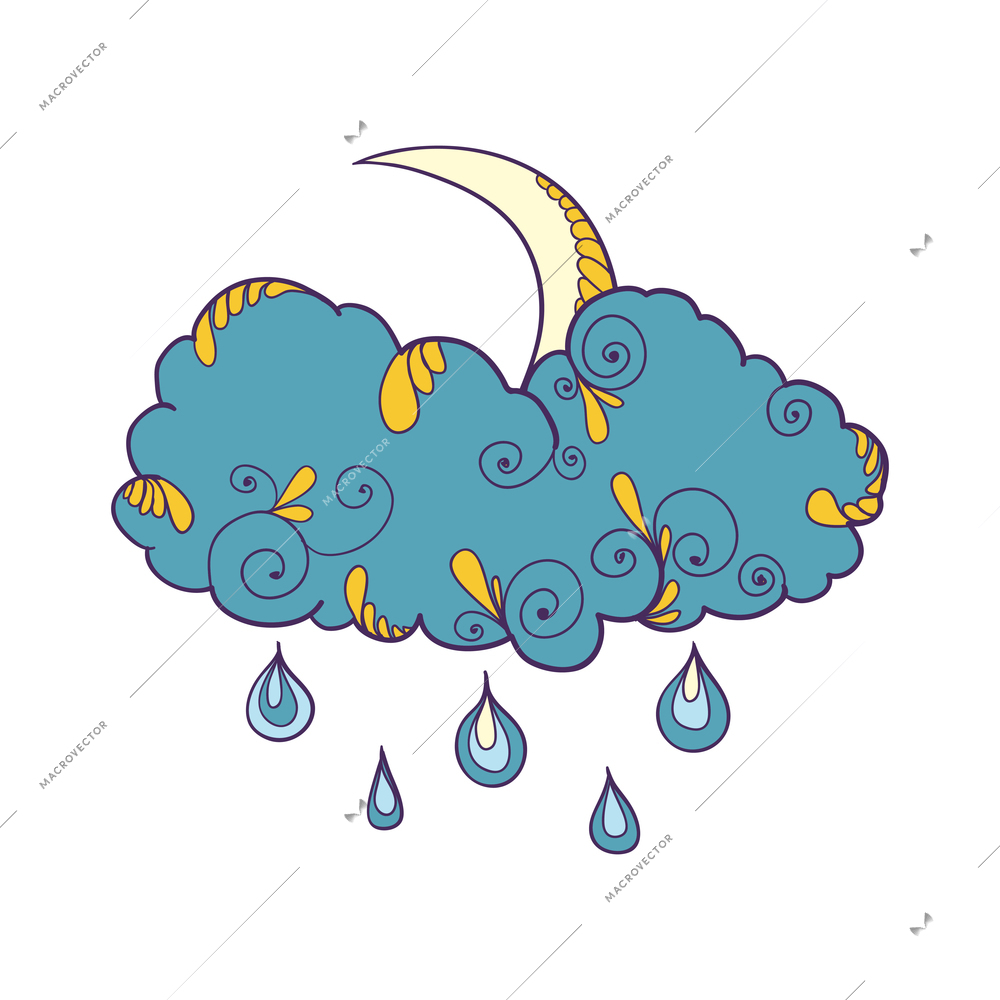 Doodle weather composition with isolated colorful forecast icon with decorative floral elements vector illustration