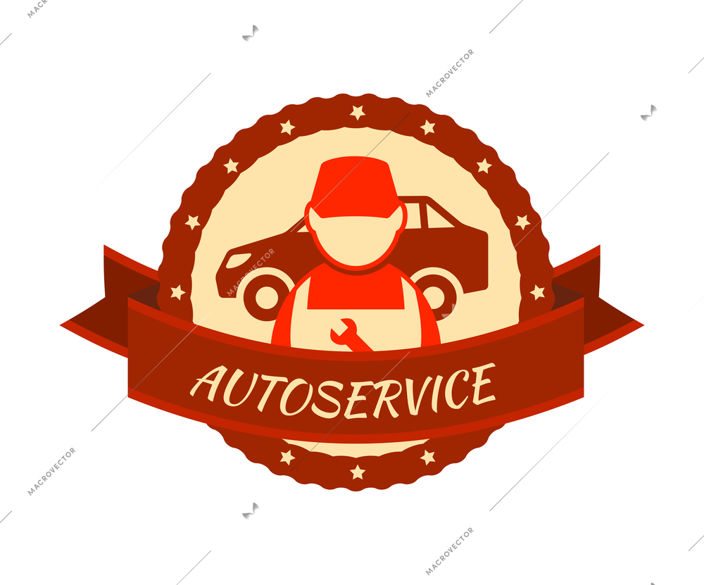 Auto service composition with isolated colorful badge for car repair maintenance with editable text vector illustration