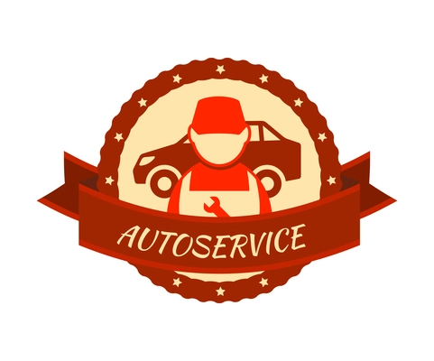 Auto service composition with isolated colorful badge for car repair maintenance with editable text vector illustration