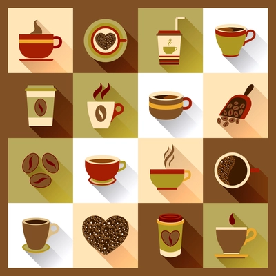 Coffee cup icons set with cafe mugs hot drink morning beverage isolated vector illustration