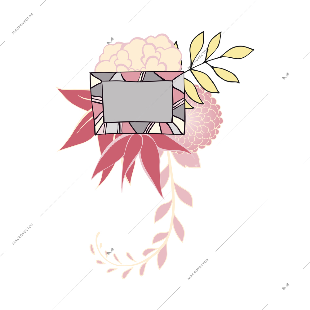 Doodle composition with isolated image of floral decorative picture frame with pastel flowers and plants vector illustration