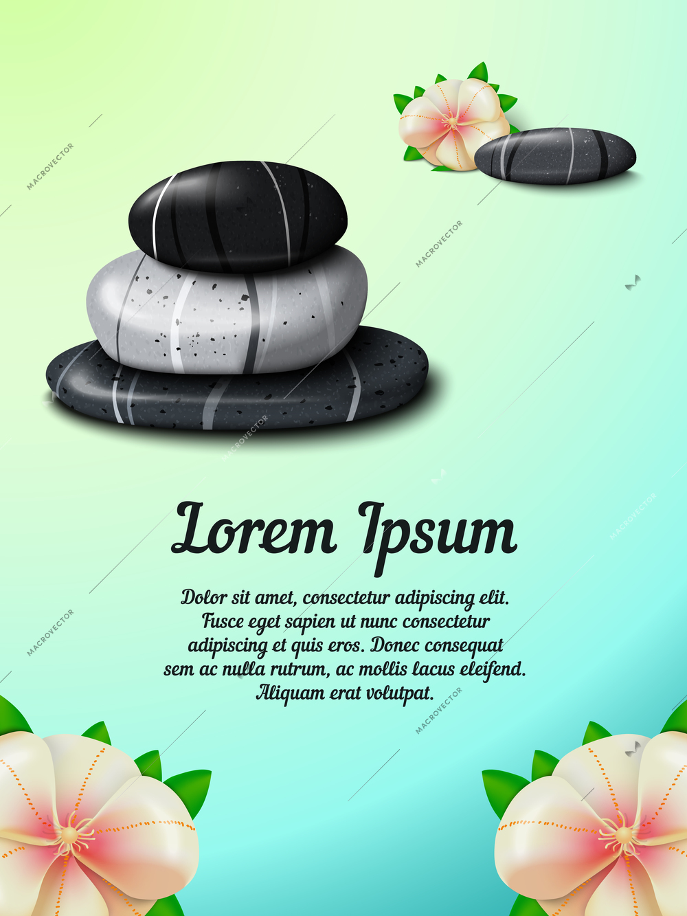 Spa invitation card or flyer with stones and tropical flower vector illustration