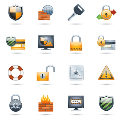 Security computer network data safe icons set with lock key shield elements isolated vector illustration