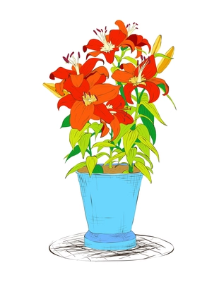 Office plant composition with isolated sketch style image of exotic decorative plant in pot on blank background vector illustration