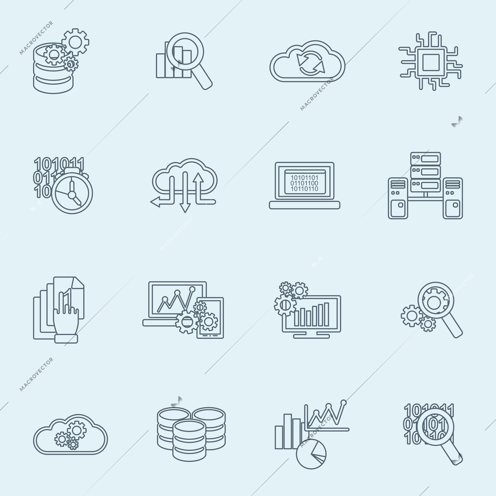 Database analytics information technology filter settings icons outline set isolated vector illustration