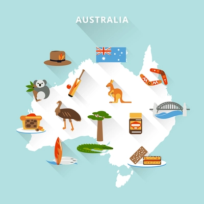 Australia tourist map concept with travel food sport nature icons vector illustration