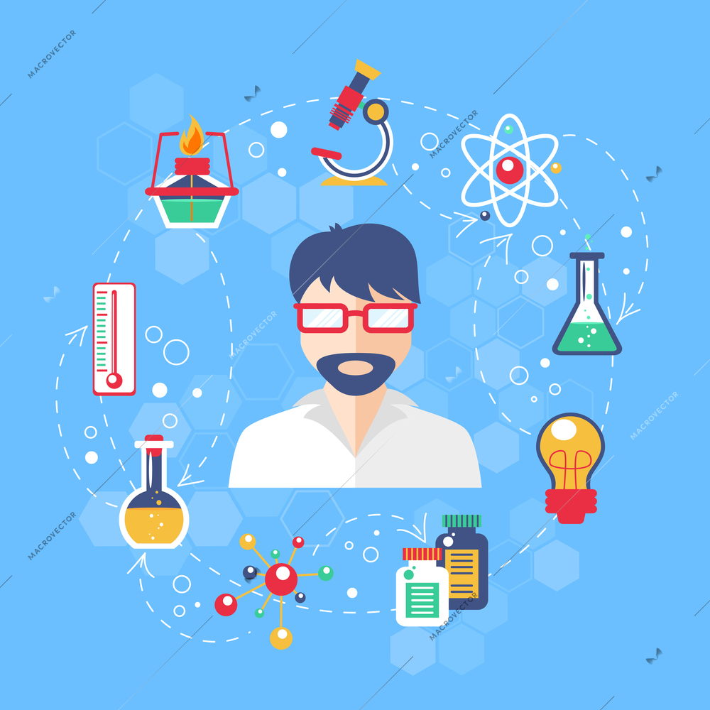 Chemistry concept with laboratory glass elements and scientist in the middle vector illustration