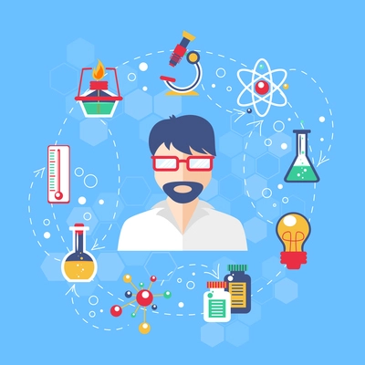 Chemistry concept with laboratory glass elements and scientist in the middle vector illustration