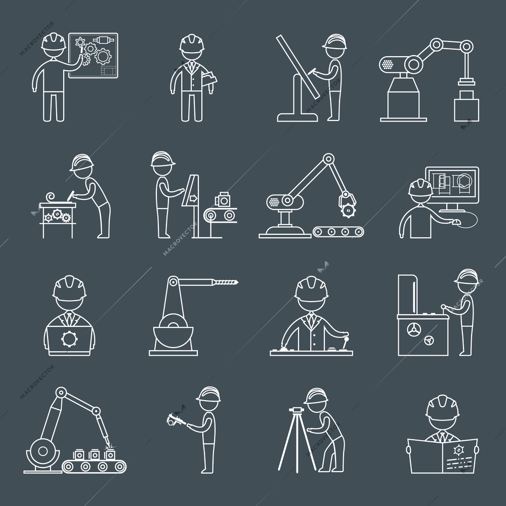 Engineering equipment construction workers technician in workshop outline icons set isolated vector illustration