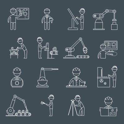 Engineering equipment construction workers technician in workshop outline icons set isolated vector illustration