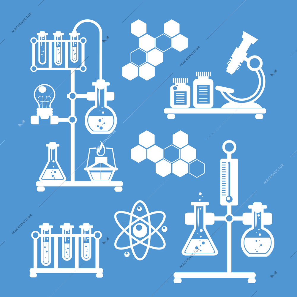 Chemistry decorative icons white set with laboratory flasks tubes isolated vector illustration