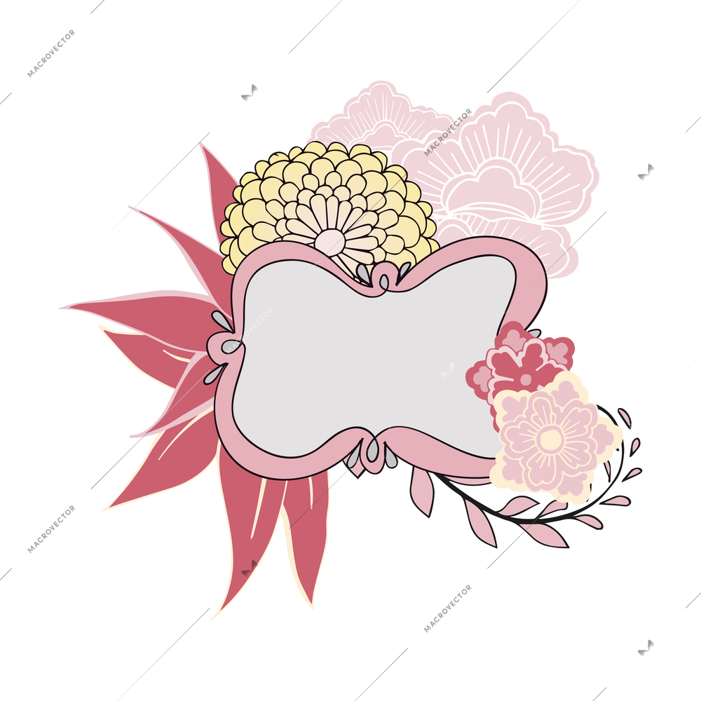 Doodle composition with isolated image of floral decorative picture frame with pastel flowers and plants vector illustration