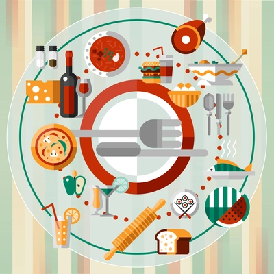 Food kitchen and cooking decorative icons set on plate with knife and fork vector illustration