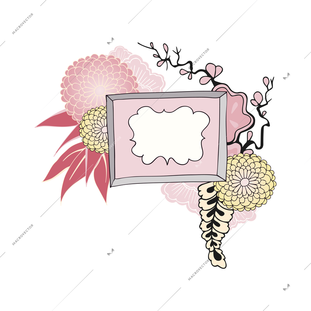 Doodle composition with isolated image of floral decorative picture frame with pastel flowers and plants vector illustration