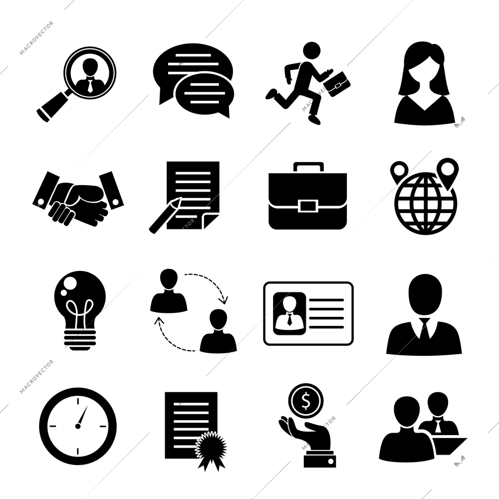 Job interview black icons set with job search interview recruitment isolated vector illustration.