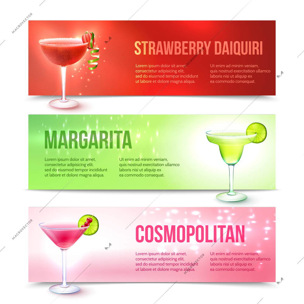 Strawberry daiquiri margarita cosmopolitan cocktails horizontal banner set isolated vector illustration