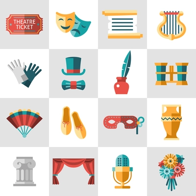 Theatre acting performance icons set with  ticket masks flat isolated vector illustration.