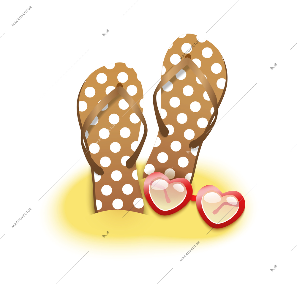 Summer holiday vacation accessories composition with sandy ground and images of beach goods vector illustration