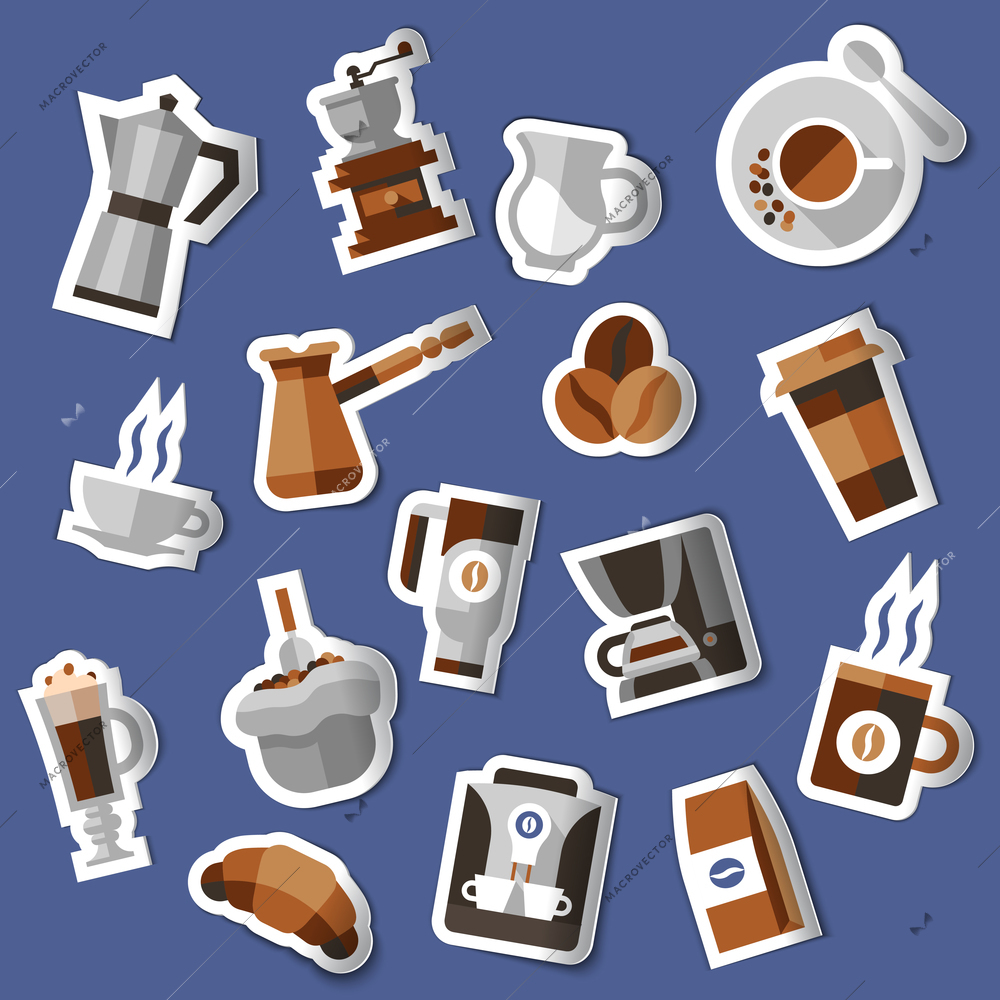 Coffee stickers set with croissant pack cream pot turk isolated vector illustration